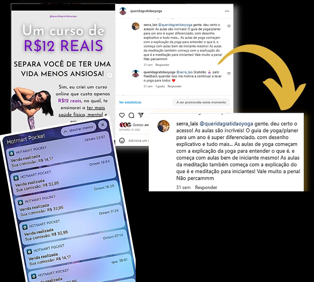 Exemplo de curso de R$ 12 e notificações de vendas na Hotmart