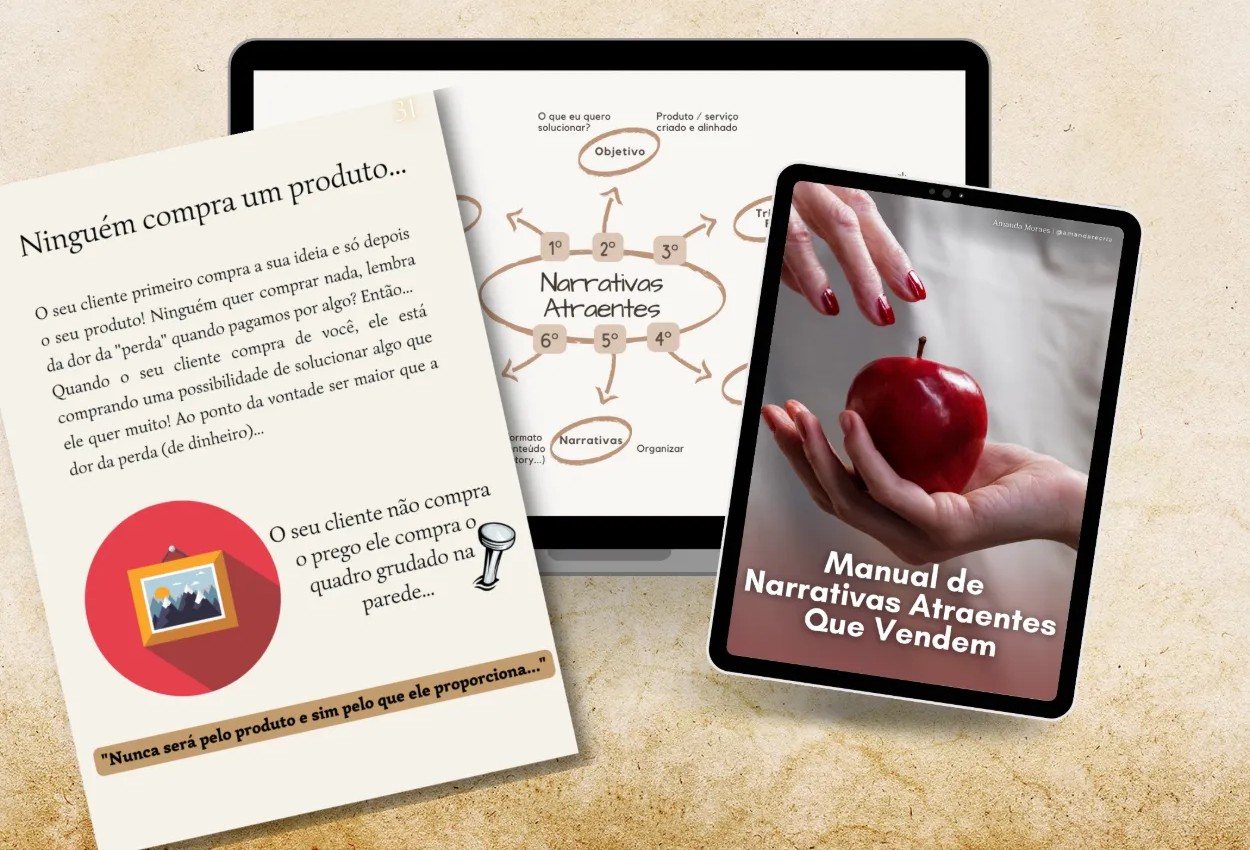 Manual de Narrativas Atraentes Que Vendem em tablet, notebook e página impressa