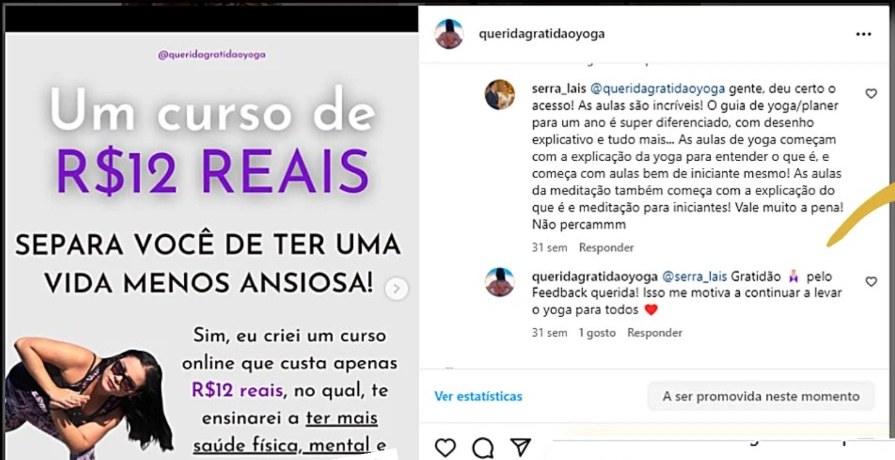 Carrossel do perfil de yoga vendendo um curso e comentário de uma cliente dizendo que deu certo o acesso e que as aulas são incríveis